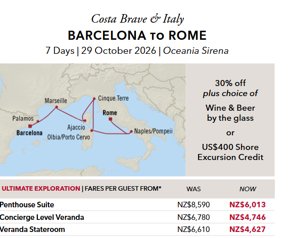 OCEANIA CRUISES - Last minute getaways October, November & December - Spain, Portugal, Italy - 7 to 10 day cruise options